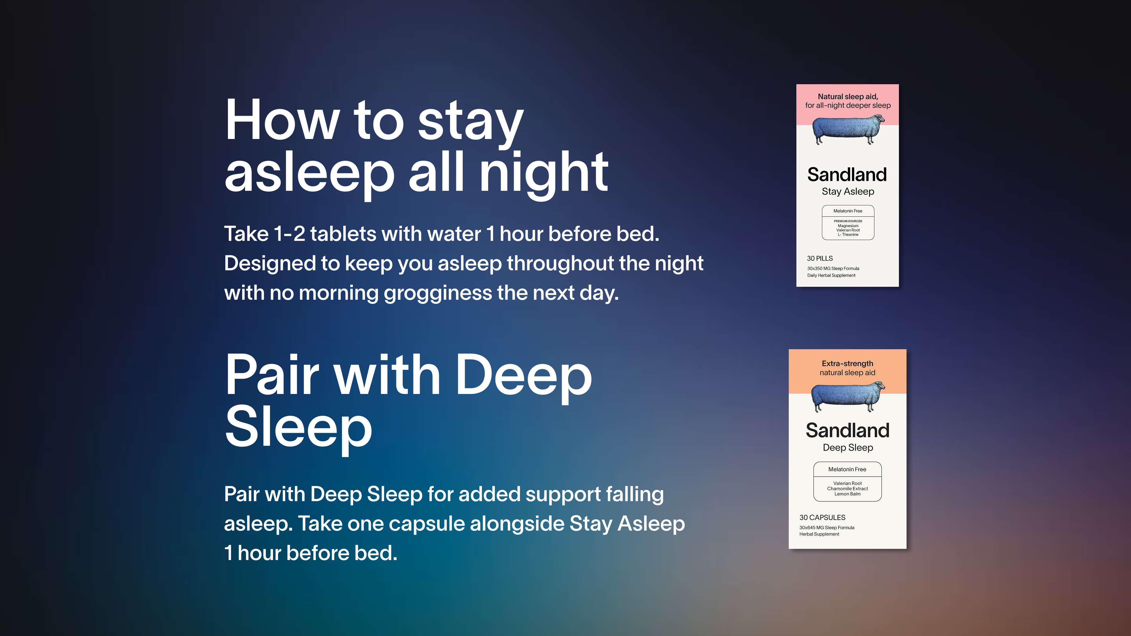 Advertisement for sleep aid products with text and product images on a dark blue background