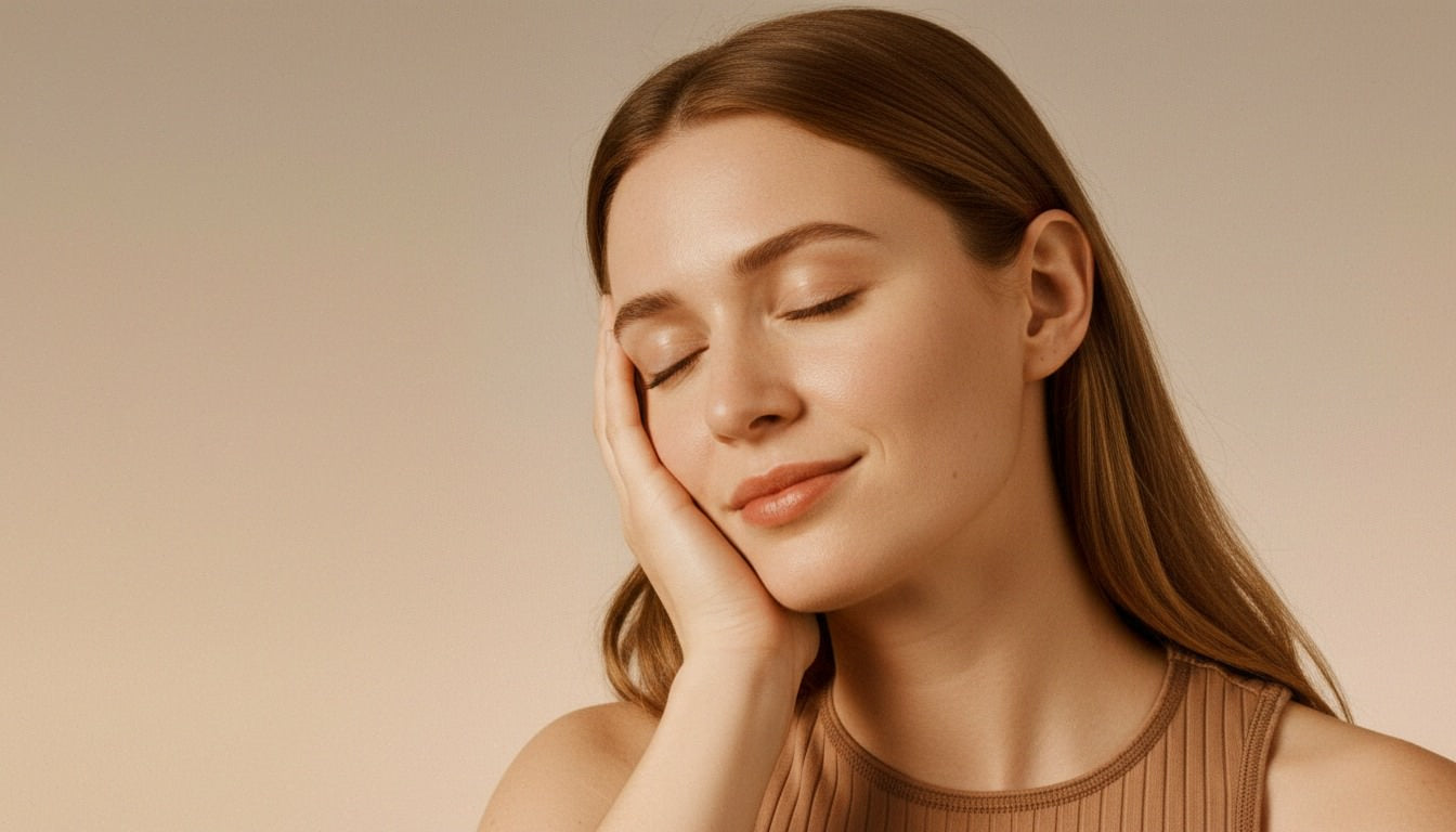 Woman with long brown hair resting her head on her hand against a beige background