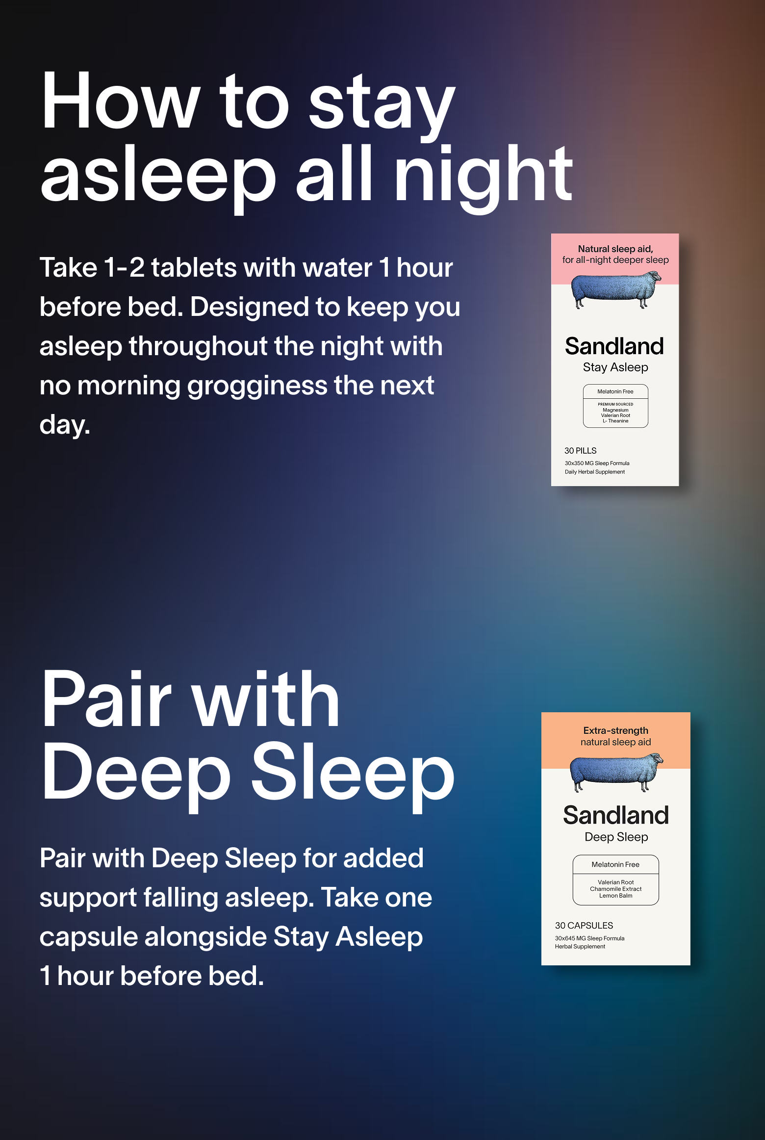Advertisement for Sandland sleep aid products with text on a blue gradient background
