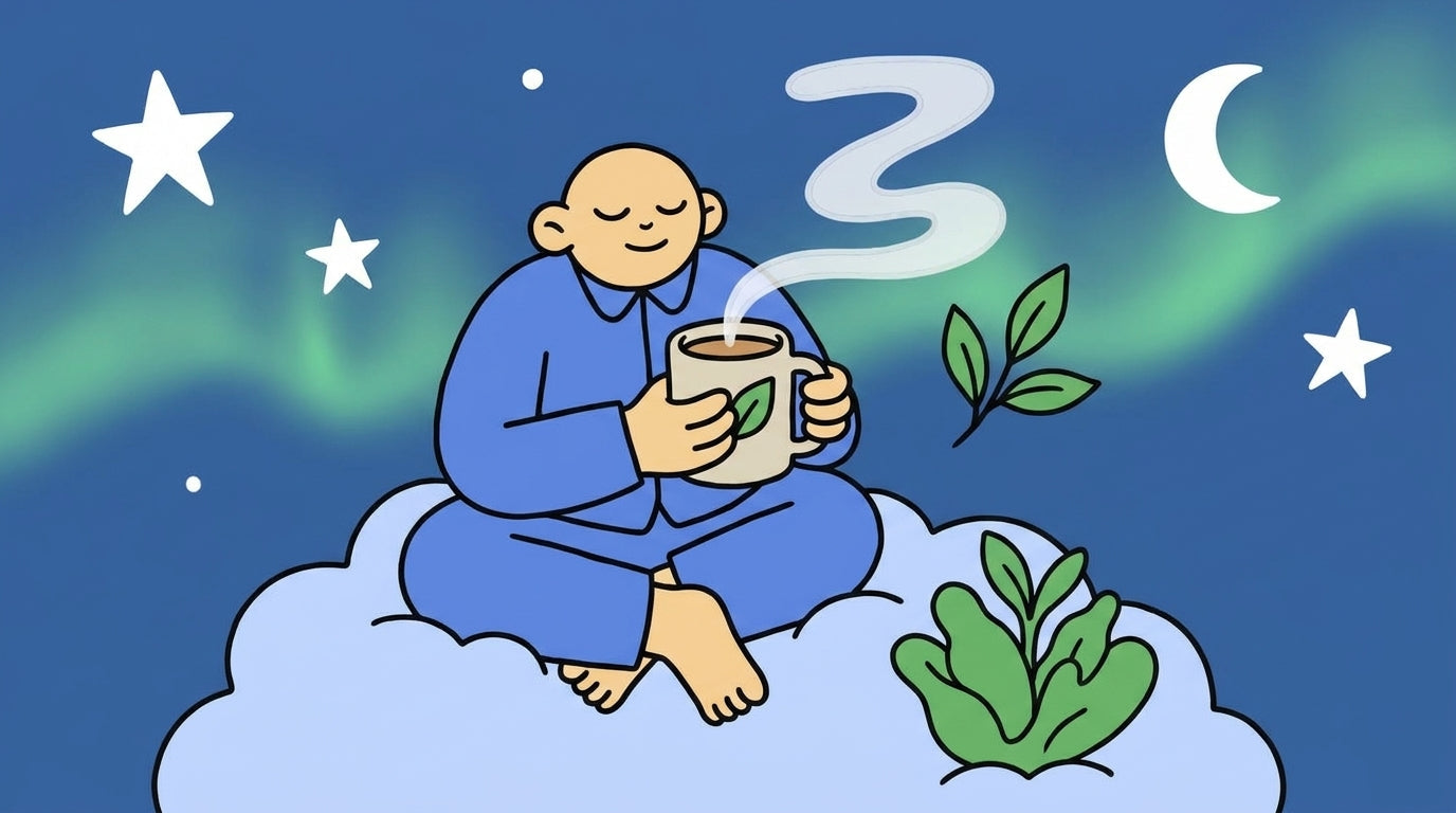 Person enjoying L-theanine, getting ready for sleep on a cloud 