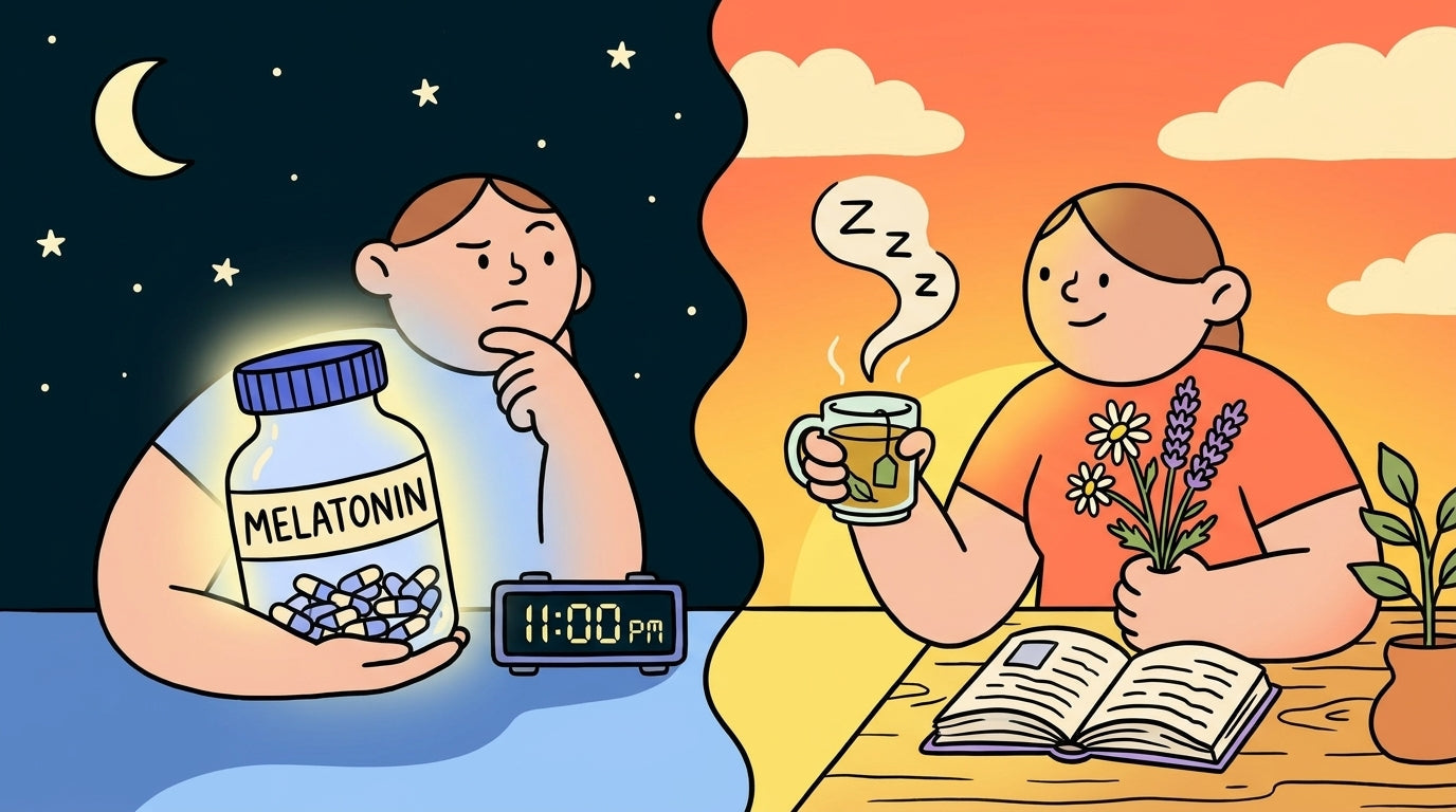 One person debating whether or not to take melatonin versus someone reading a book, enjoying a cup of tea 