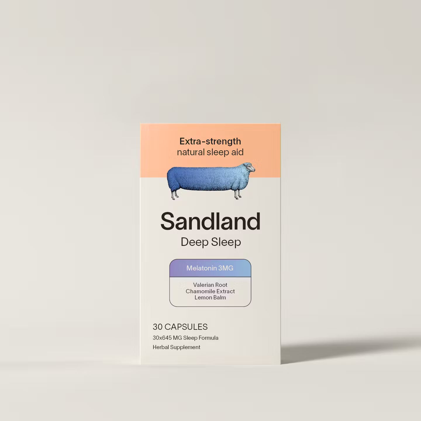Box of Sandland Deep Sleep capsules on a light gray background