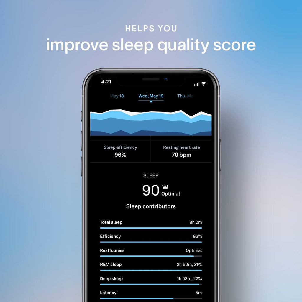 Smartphone displaying sleep quality app on a blue gradient background