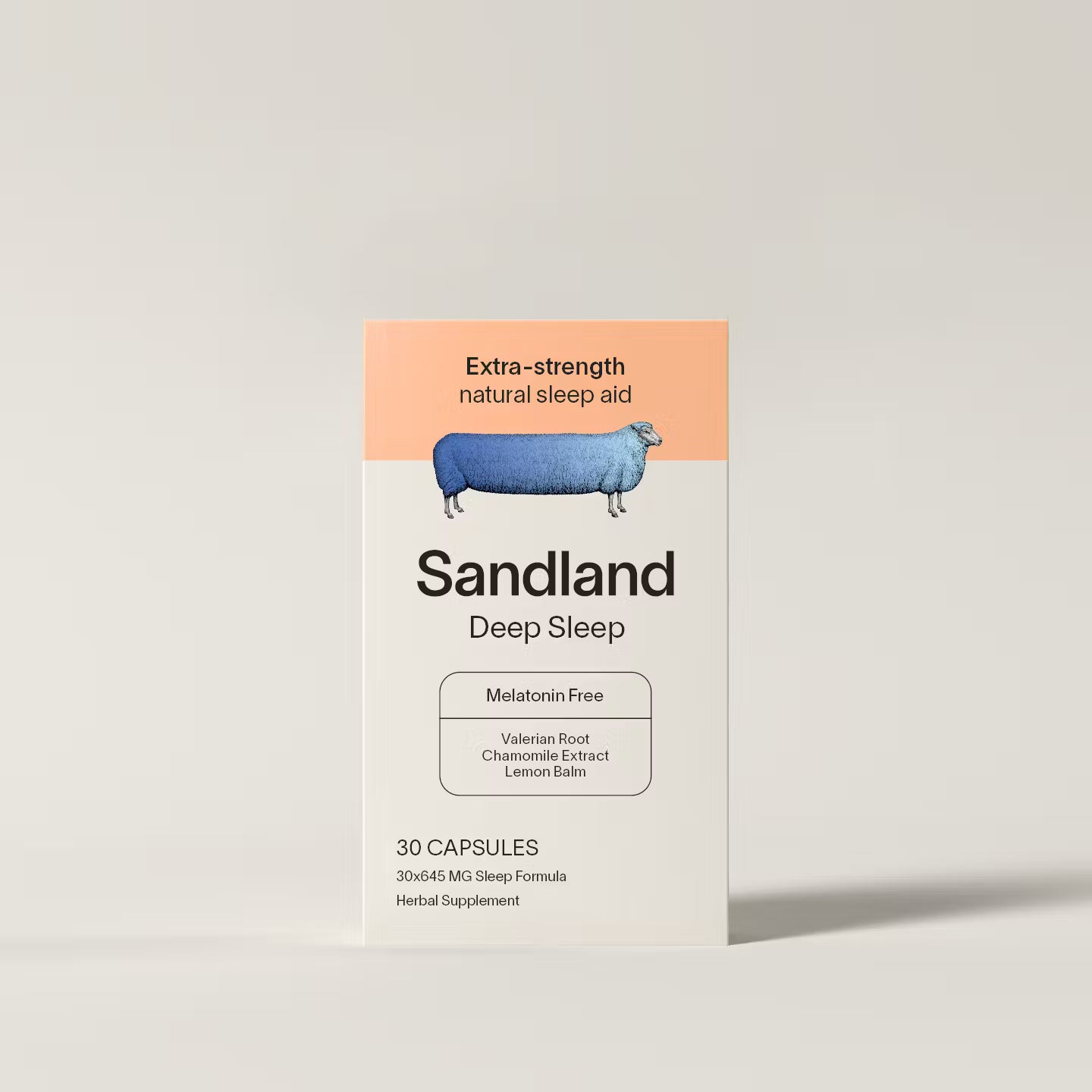 Box of Sandland Deep Sleep capsules on a light gray background