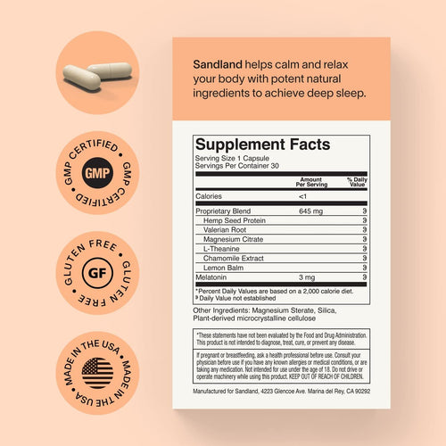 Supplement label with ingredients and facts on a beige background