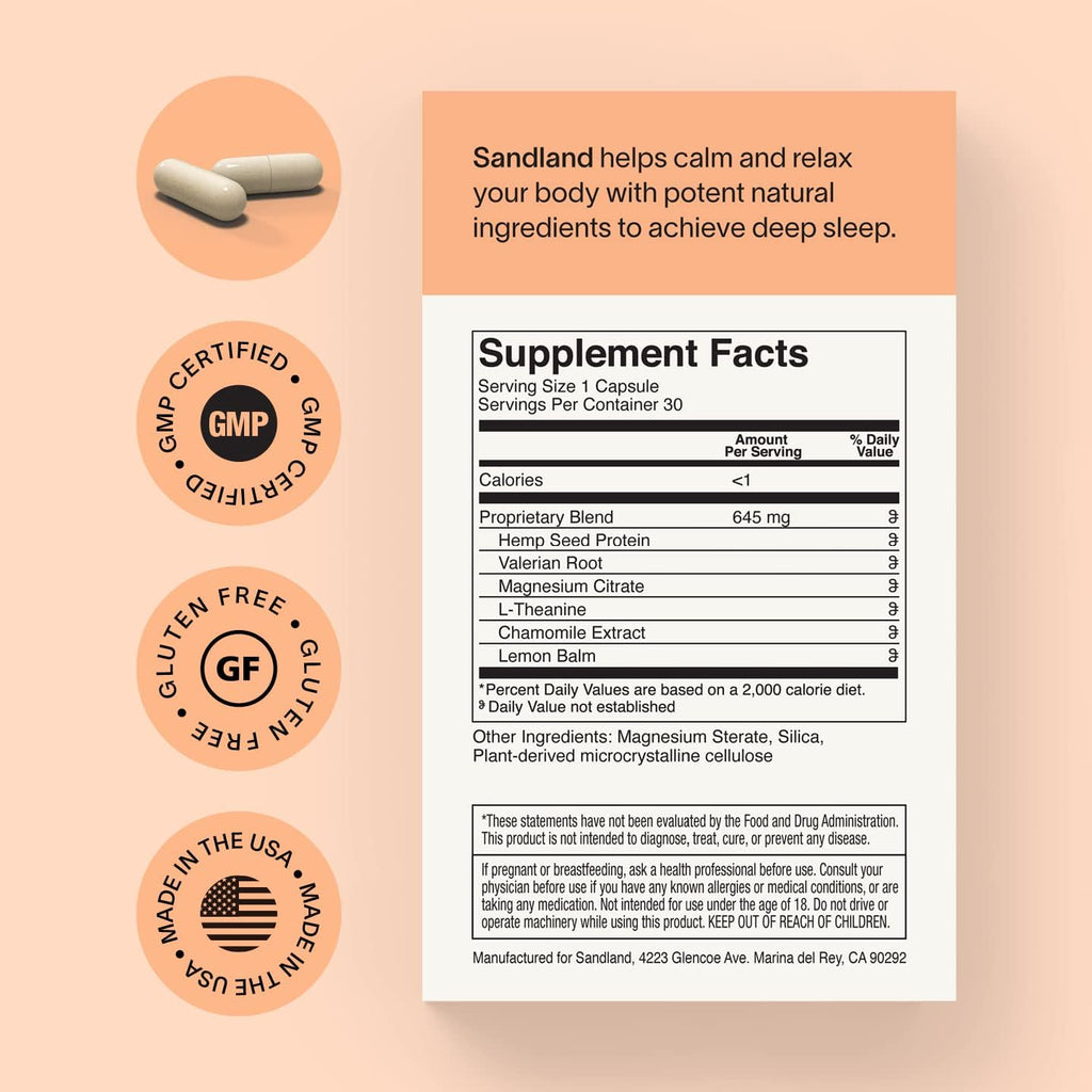 Supplement label with certification logos and ingredient list on a peach background