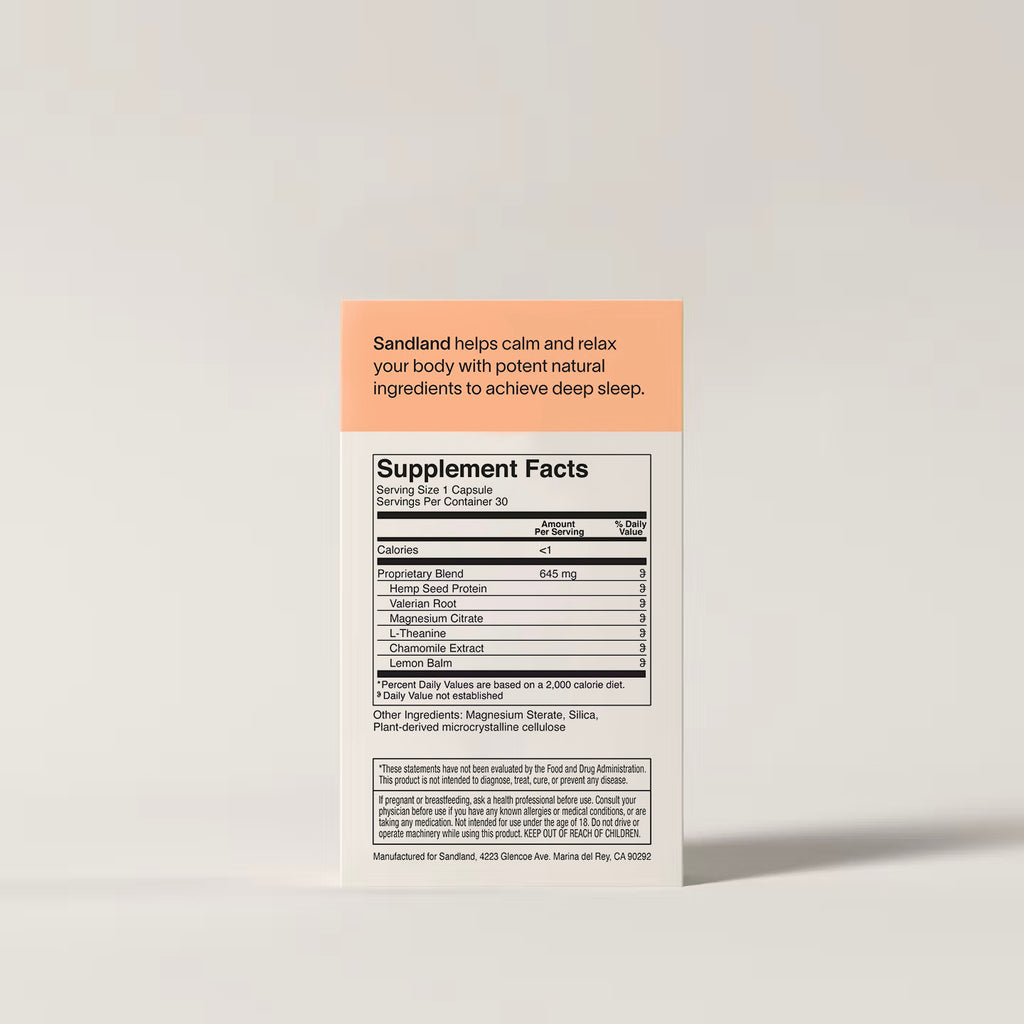 Supplement label with 'Sandland' branding on a light gray background