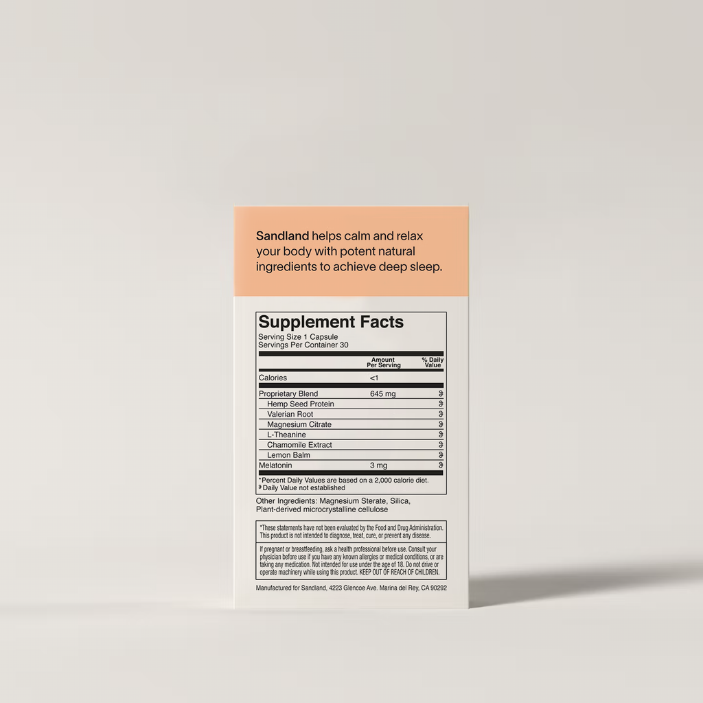 Supplement label with 'Sandland' product description on a light gray background