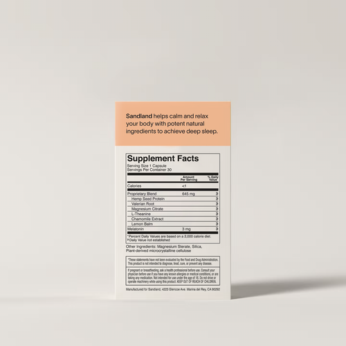 Supplement label with 'Sandland' product description on a light gray background
