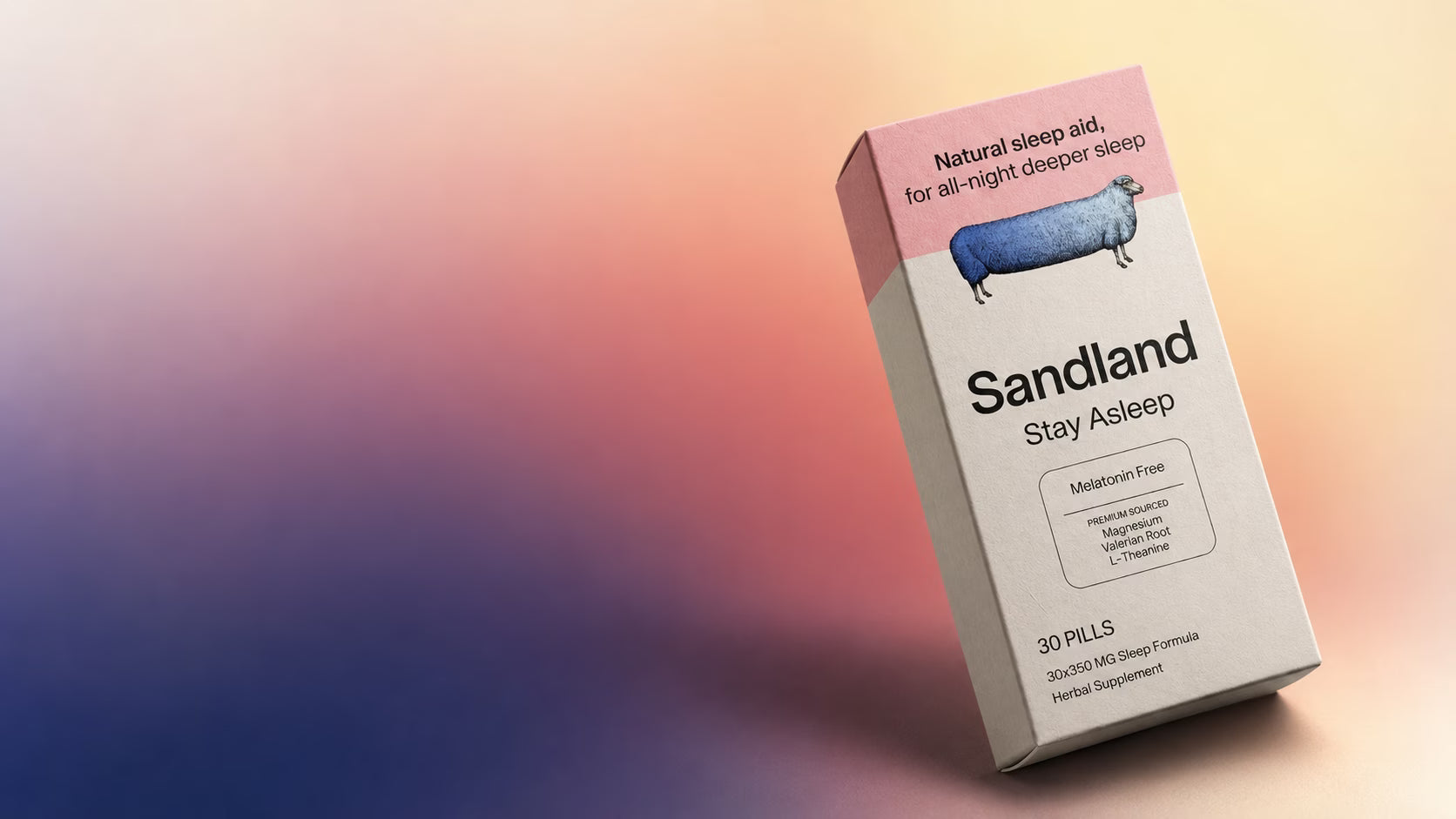 A box of Sandland Stay Asleep natural sleep aid, featuring a white and pink package with a blue sheep illustration, set against a soft pink, orange, and blue gradient background.