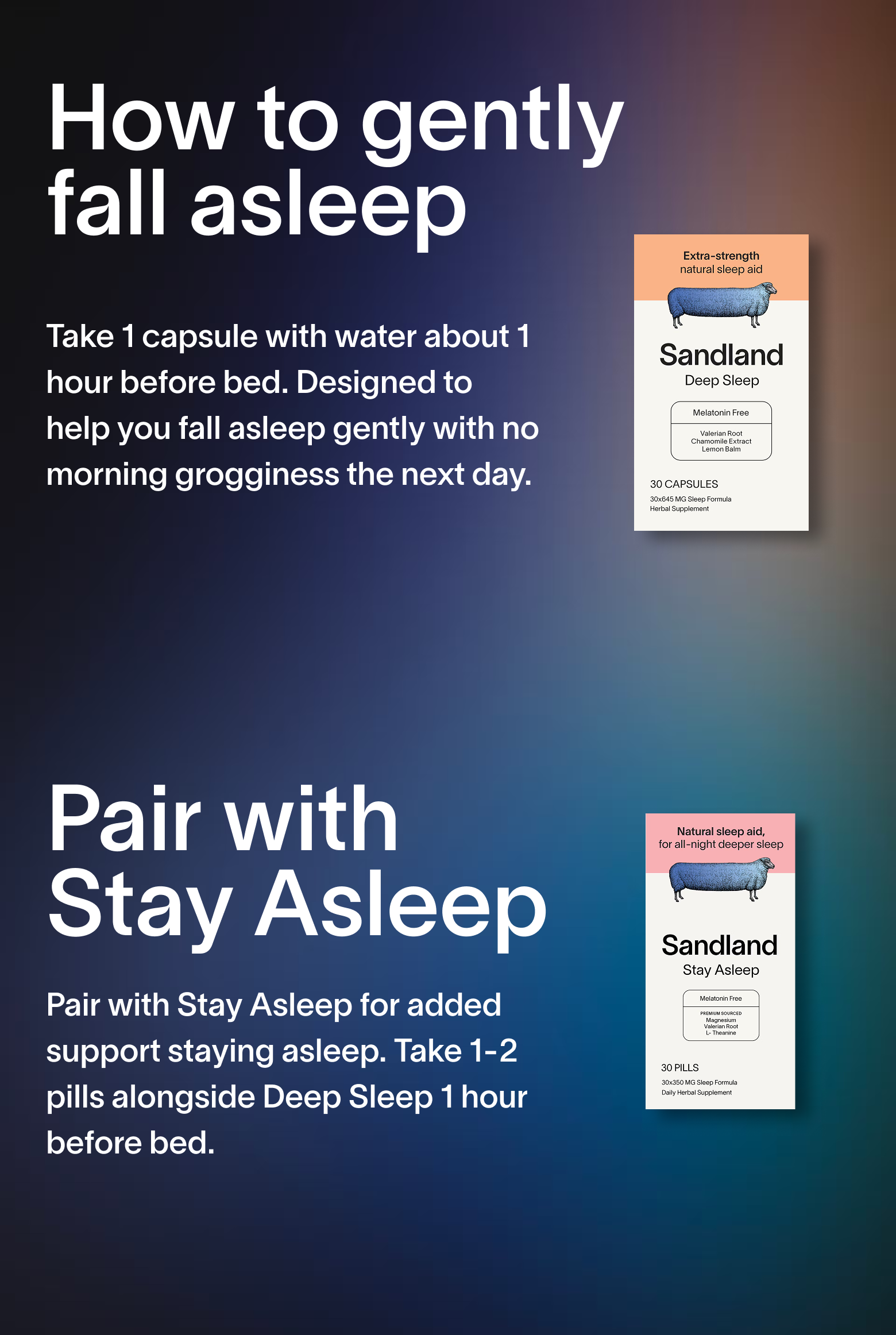 Promotional text and product packaging for 'Sandland' sleep aid on a blue gradient background