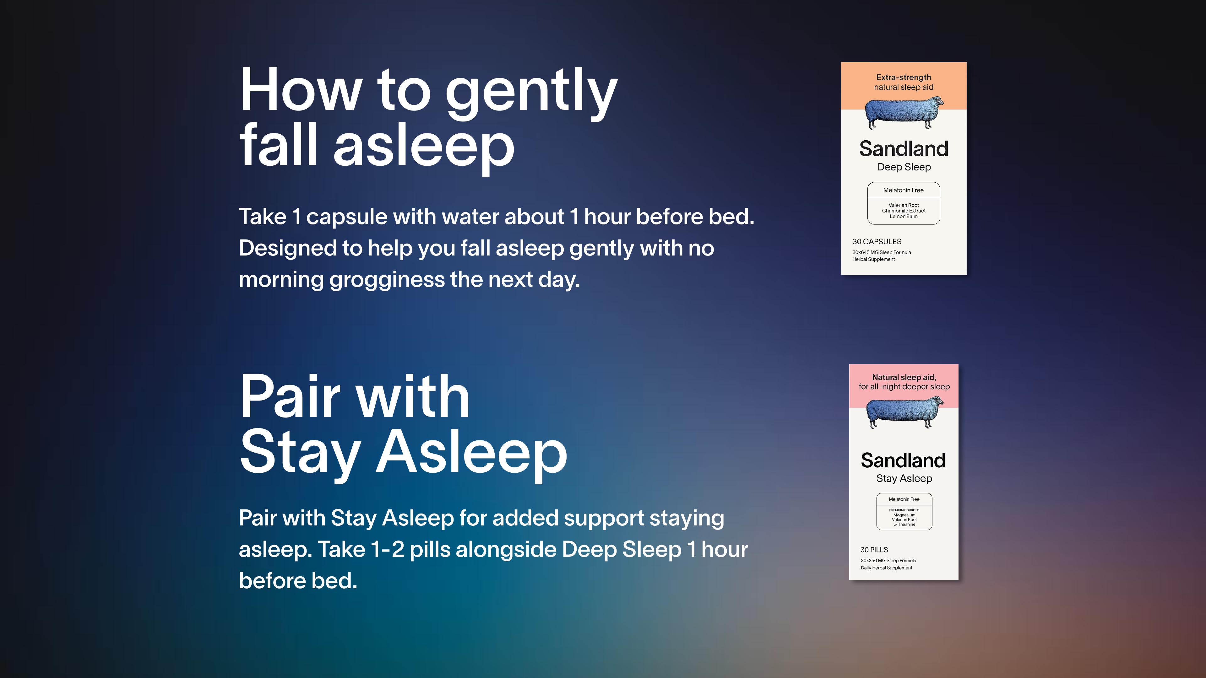 Instructions on how to gently fall asleep with a product packaging displayed on a gradient blue background.