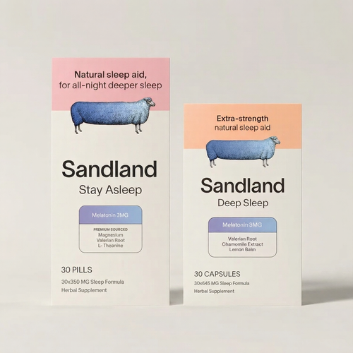 Two packages of Sandland sleep aid products on a light gray background