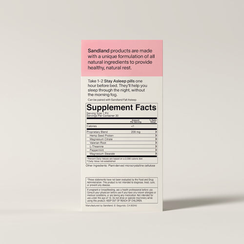 Supplement label with 'Sandland' branding on a beige background