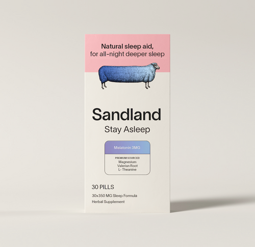 Box of Sandland Stay Asleep sleep aid supplement on a light gray background