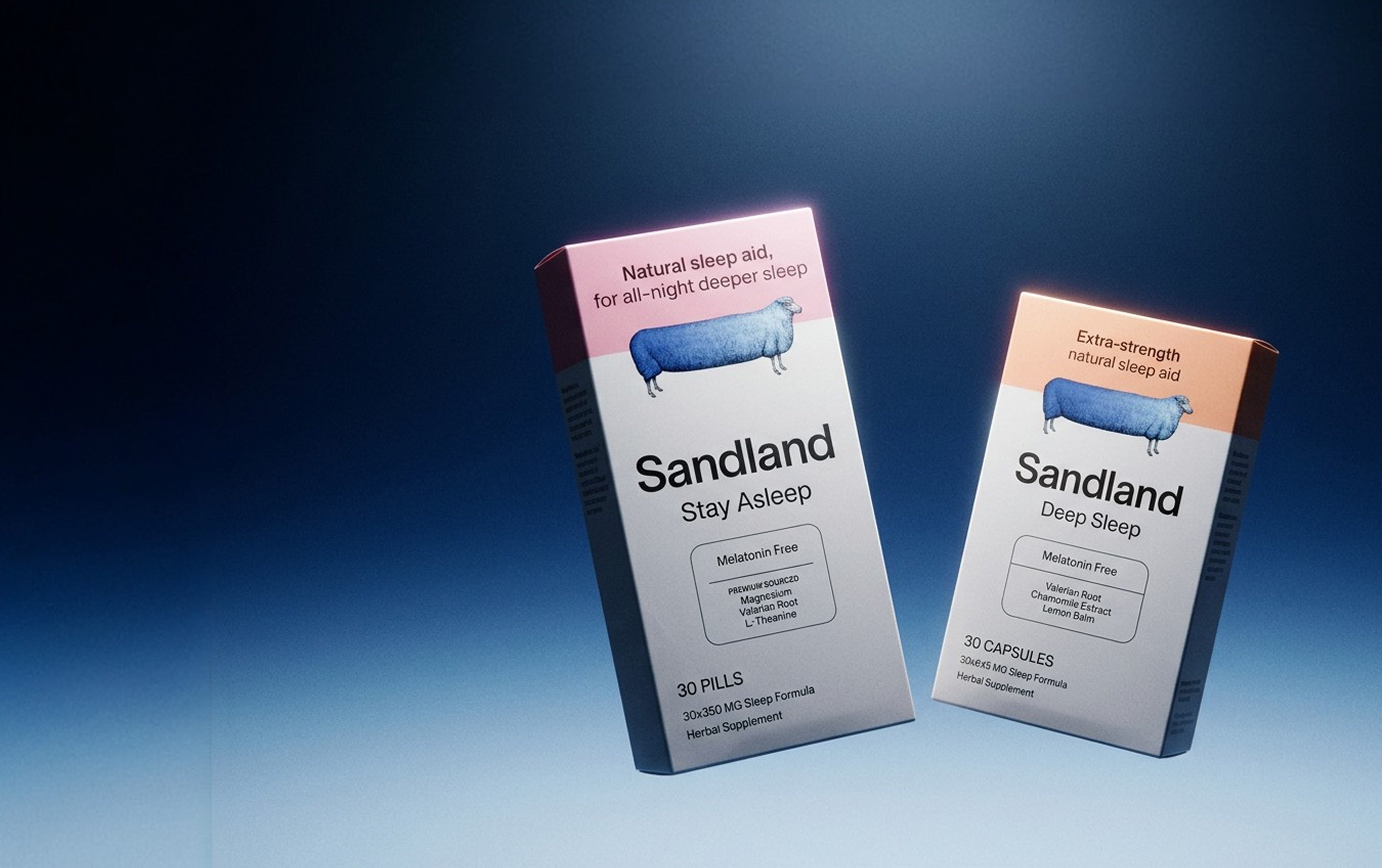 Two boxes of Sandland sleep aid products on a gradient blue background