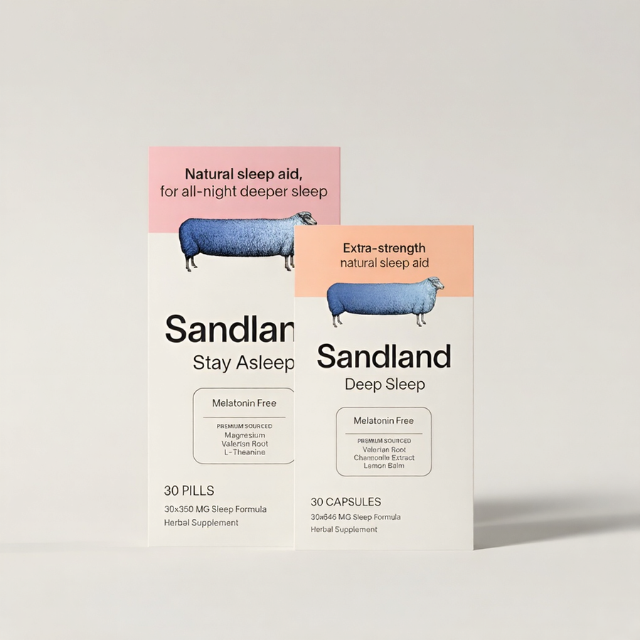 Two packages of Sandland sleep aid on a light gray background