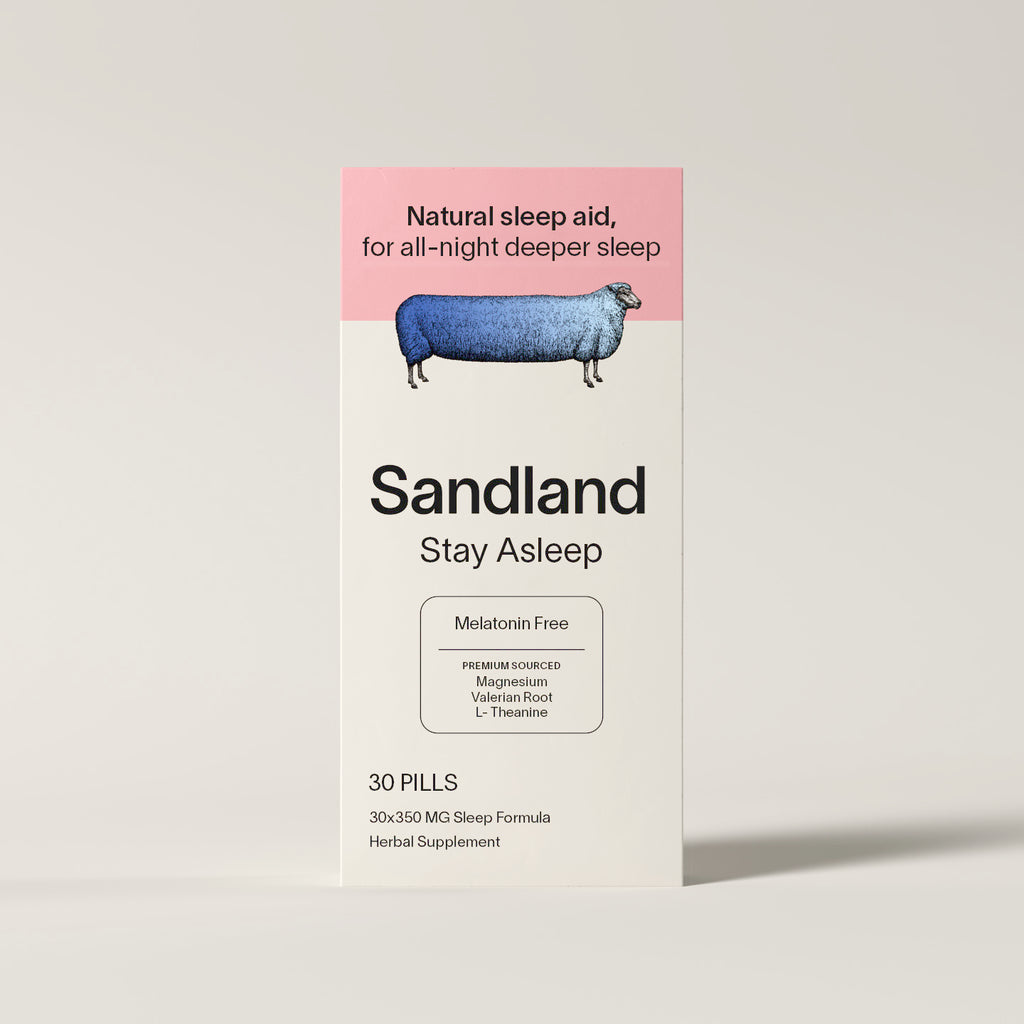 Supplement label with 'Sandland' branding on a beige background