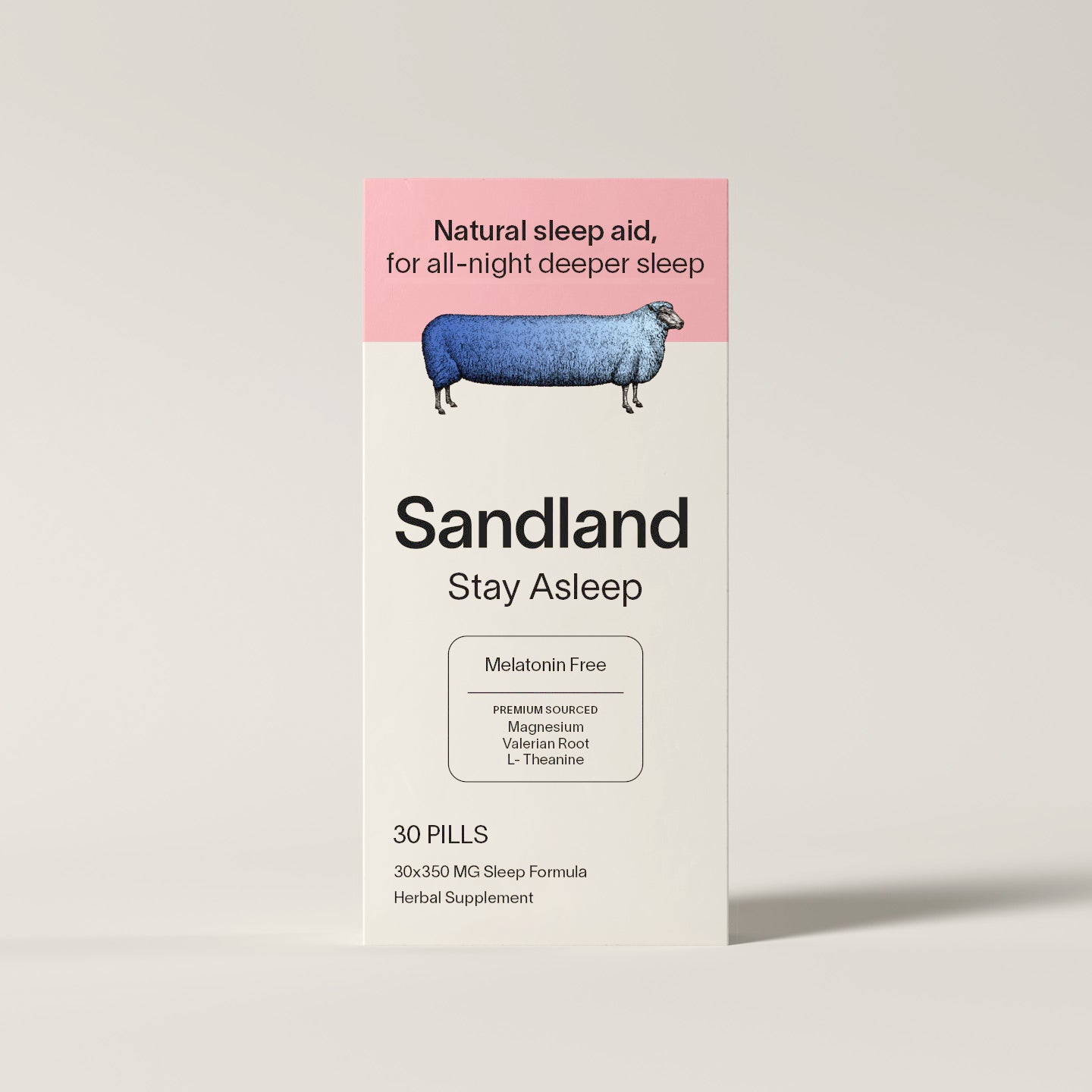 Supplement label with 'Sandland' branding on a beige background