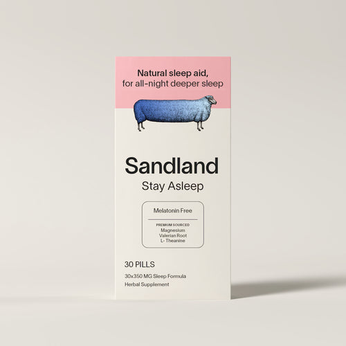 Supplement label with 'Sandland' branding on a beige background